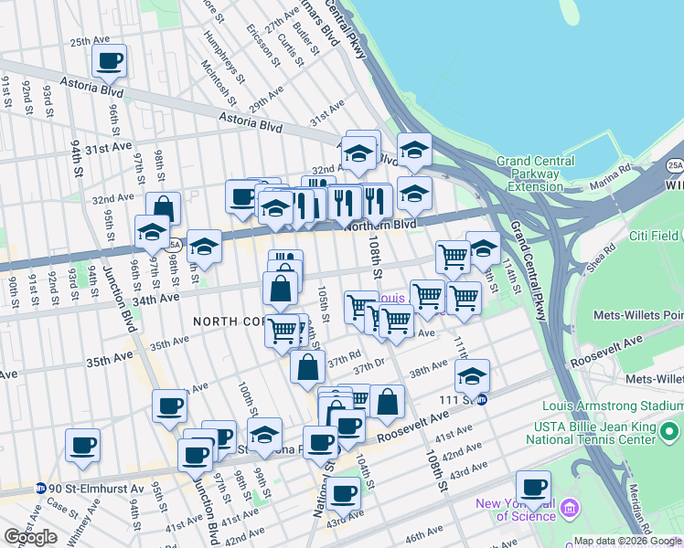 map of restaurants, bars, coffee shops, grocery stores, and more near 33-41 105th Street in Queens