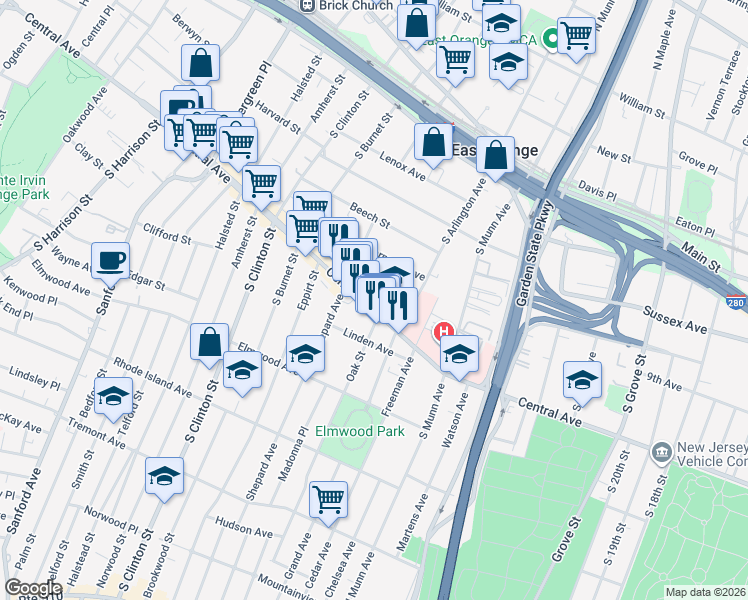 map of restaurants, bars, coffee shops, grocery stores, and more near 22 Nassau Place in East Orange