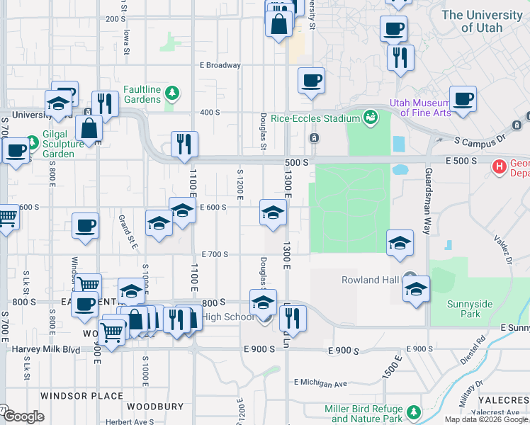 map of restaurants, bars, coffee shops, grocery stores, and more near 1251 East 600 South in Salt Lake City