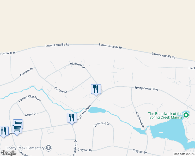 map of restaurants, bars, coffee shops, grocery stores, and more near 156 Bluecrest Drive in Spring Creek
