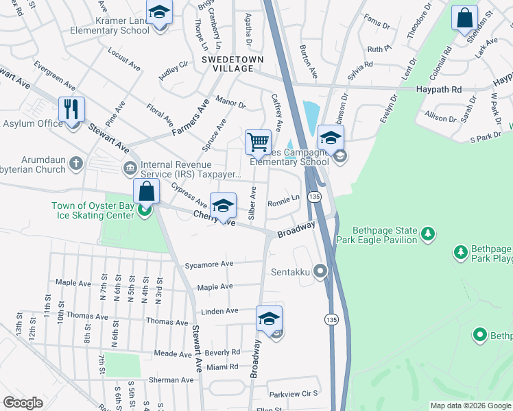 map of restaurants, bars, coffee shops, grocery stores, and more near 18 Silber Avenue in Bethpage