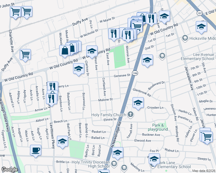 map of restaurants, bars, coffee shops, grocery stores, and more near 70 East Avenue in Hicksville