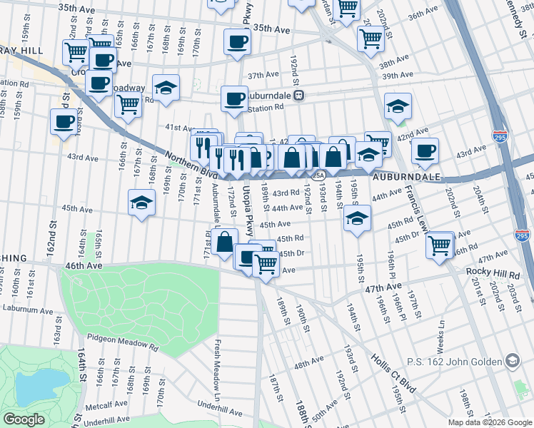 map of restaurants, bars, coffee shops, grocery stores, and more near 43-45 Utopia Parkway in Queens