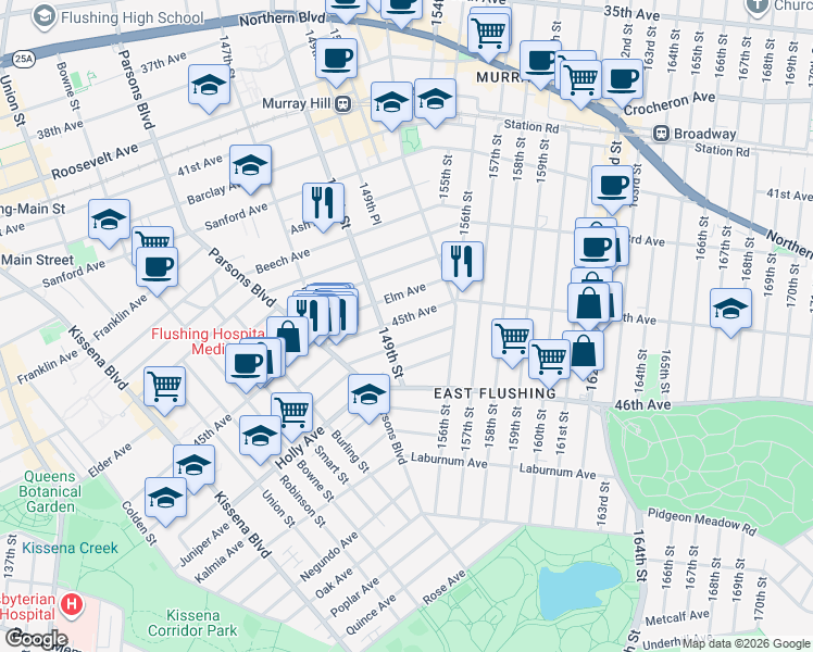 map of restaurants, bars, coffee shops, grocery stores, and more near 149-31 45th Avenue in Queens