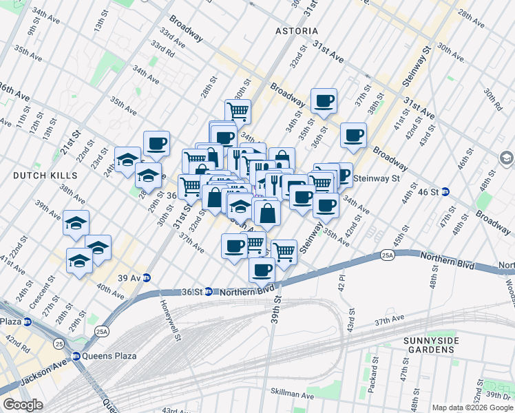 map of restaurants, bars, coffee shops, grocery stores, and more near 35-15 34th Street in Queens