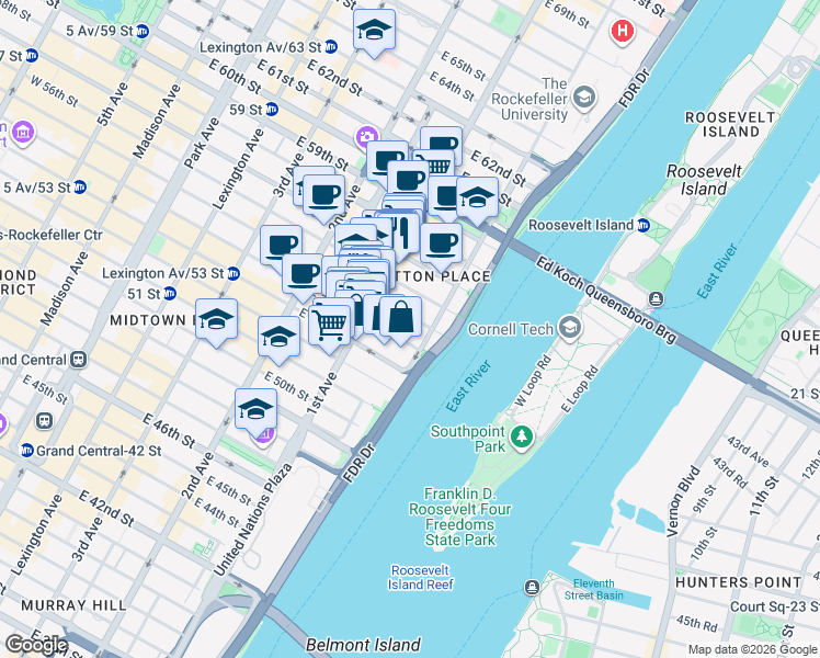 map of restaurants, bars, coffee shops, grocery stores, and more near 435 East 55th Street in New York