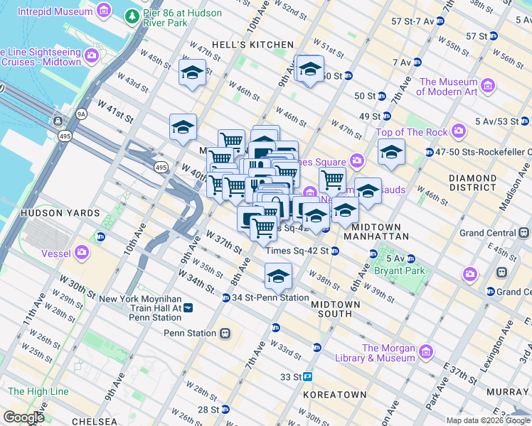 map of restaurants, bars, coffee shops, grocery stores, and more near 277 West 42nd Street in New York