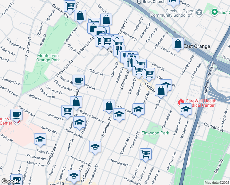 map of restaurants, bars, coffee shops, grocery stores, and more near 259 Amherst Street in East Orange
