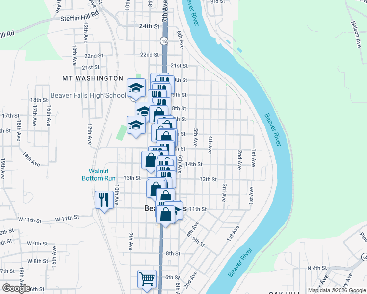 map of restaurants, bars, coffee shops, grocery stores, and more near 1518 6th Avenue in Beaver Falls
