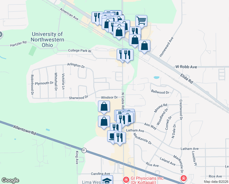 map of restaurants, bars, coffee shops, grocery stores, and more near 2450 Sherwood Drive in Lima