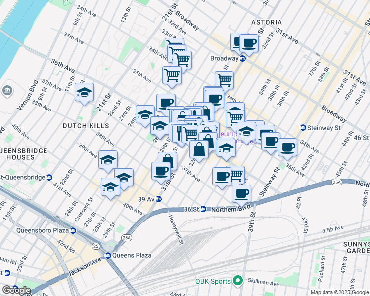 map of restaurants, bars, coffee shops, grocery stores, and more near in Queens