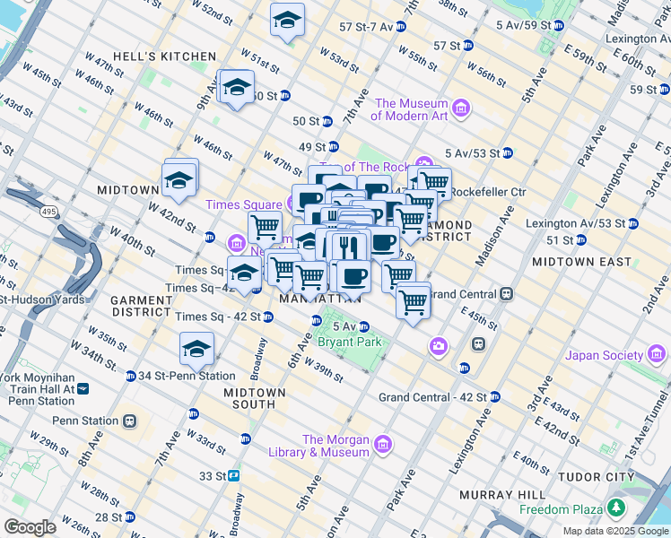 map of restaurants, bars, coffee shops, grocery stores, and more near 1133 6th Avenue in New York