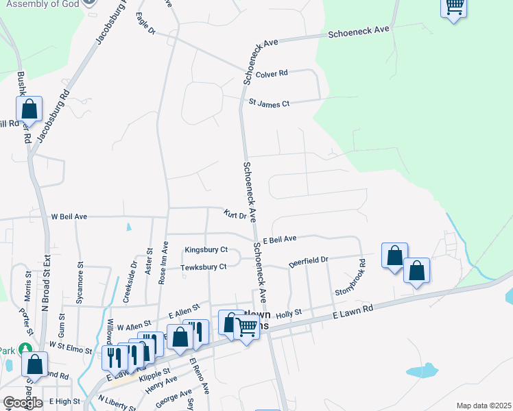 map of restaurants, bars, coffee shops, grocery stores, and more near 260 Schoeneck Avenue in Nazareth
