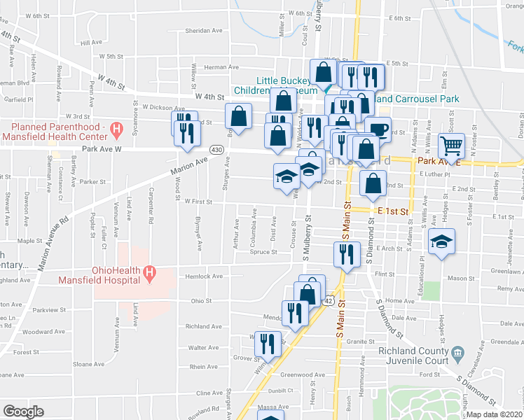 map of restaurants, bars, coffee shops, grocery stores, and more near 143 West First Street in Mansfield