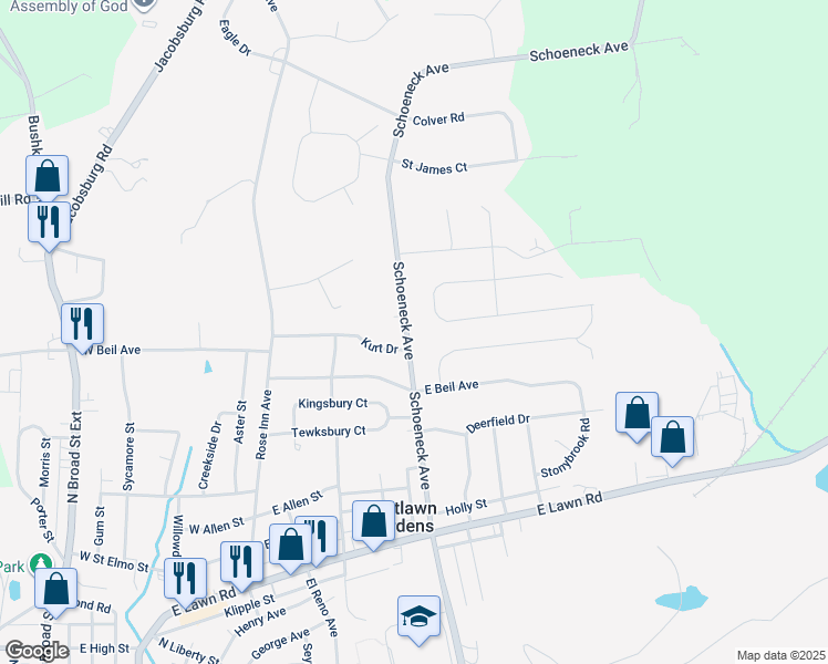 map of restaurants, bars, coffee shops, grocery stores, and more near 260 Schoeneck Avenue in Nazareth