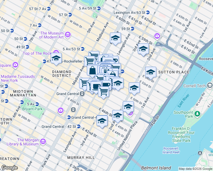 map of restaurants, bars, coffee shops, grocery stores, and more near 570 Lexington Avenue in New York