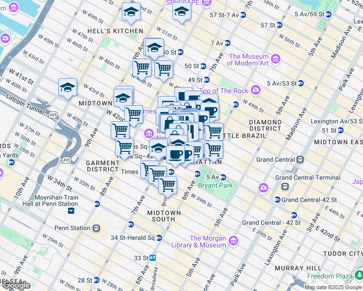 map of restaurants, bars, coffee shops, grocery stores, and more near 4 Times Square in New York
