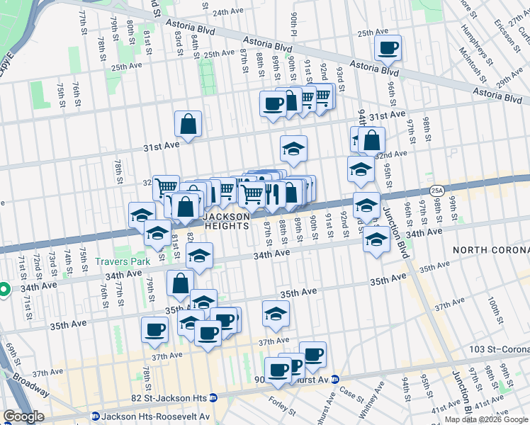 map of restaurants, bars, coffee shops, grocery stores, and more near Northern Boulevard & 87th Street in Queens