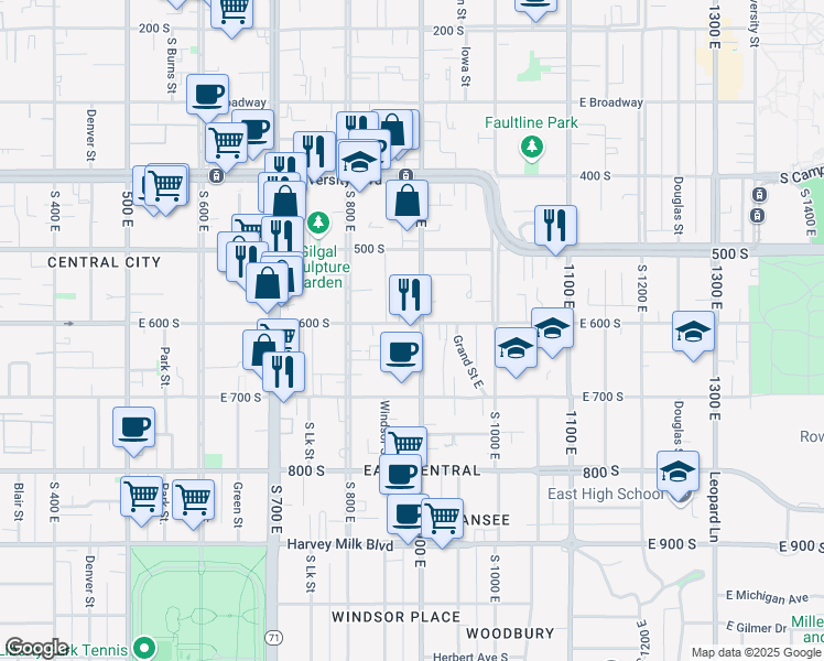 map of restaurants, bars, coffee shops, grocery stores, and more near 870 East 600 South in Salt Lake City