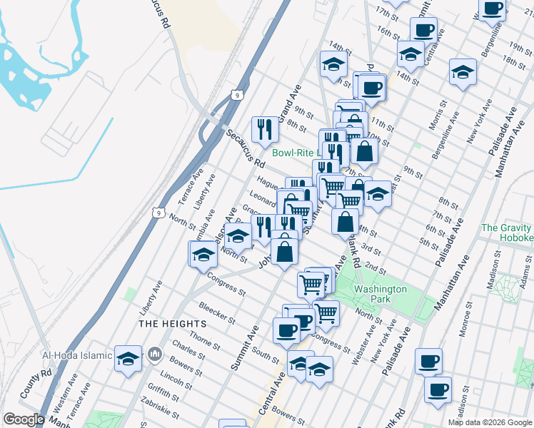 map of restaurants, bars, coffee shops, grocery stores, and more near 136 Grace Street in Jersey City
