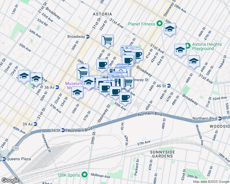 map of restaurants, bars, coffee shops, grocery stores, and more near 3426 Steinway Street in Queens