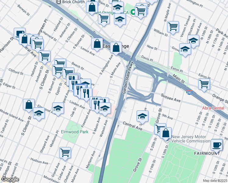 map of restaurants, bars, coffee shops, grocery stores, and more near 50 South Munn Avenue in East Orange