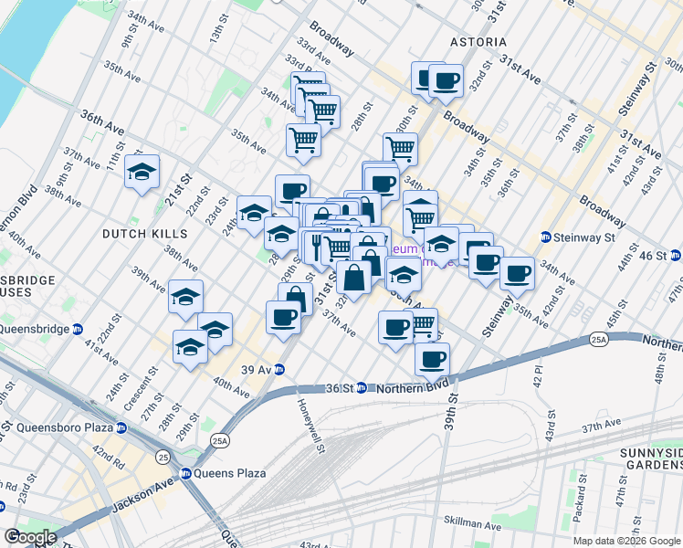 map of restaurants, bars, coffee shops, grocery stores, and more near in Queens