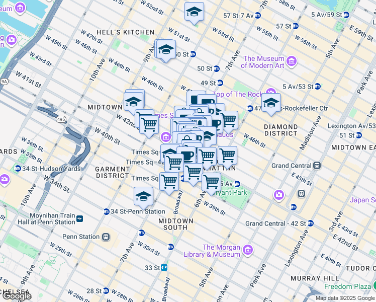 map of restaurants, bars, coffee shops, grocery stores, and more near 5 Times Square in New York