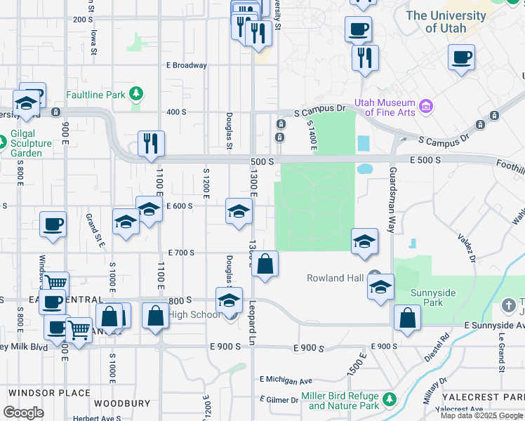map of restaurants, bars, coffee shops, grocery stores, and more near 569 South 1300 East in Salt Lake City