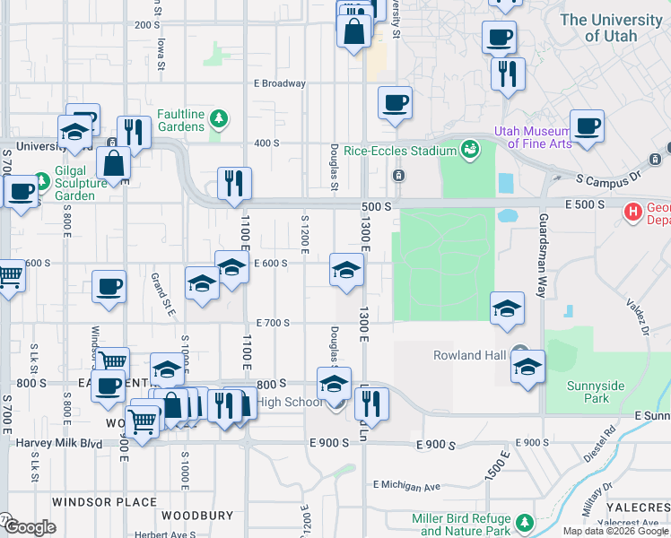 map of restaurants, bars, coffee shops, grocery stores, and more near 1251 East 600 South in Salt Lake City