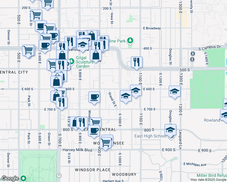 map of restaurants, bars, coffee shops, grocery stores, and more near 933 East 600 South in Salt Lake City