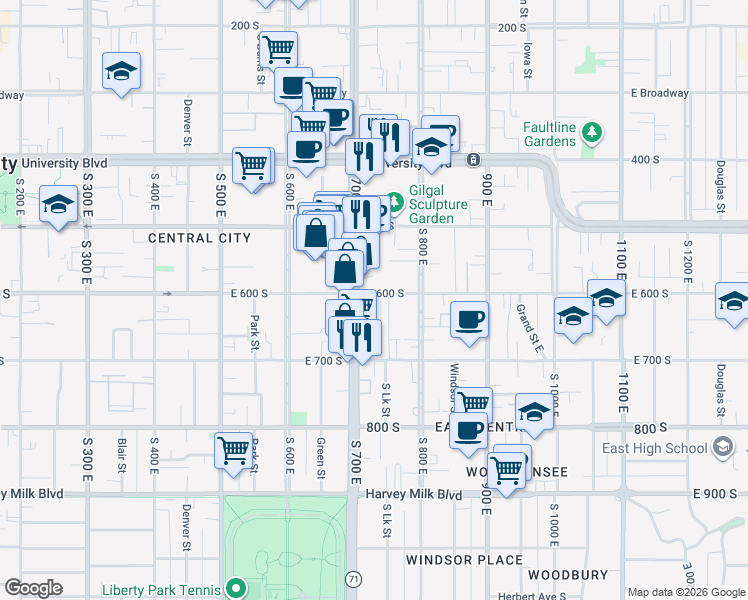 map of restaurants, bars, coffee shops, grocery stores, and more near 717 East 600 South in Salt Lake City