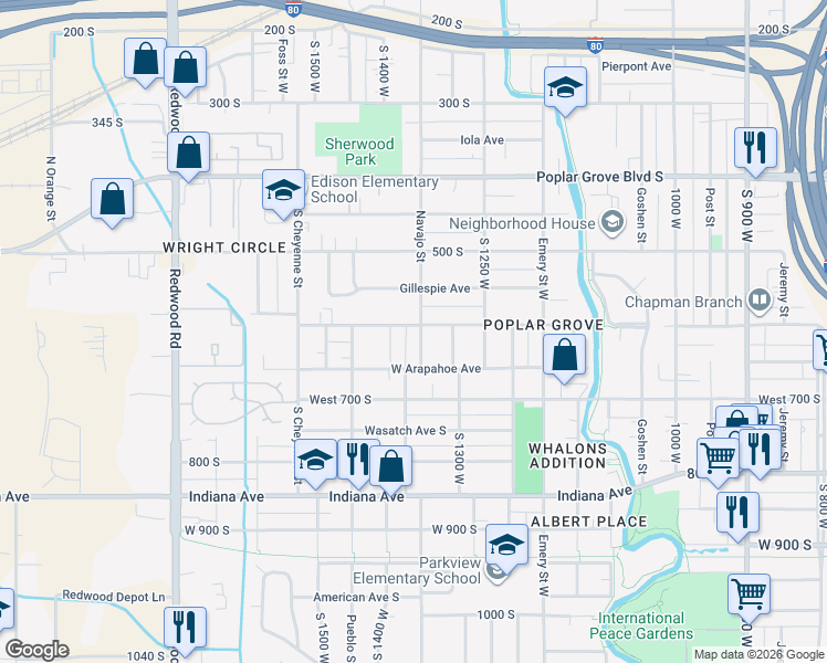 map of restaurants, bars, coffee shops, grocery stores, and more near 1364 West 600 South in Salt Lake City