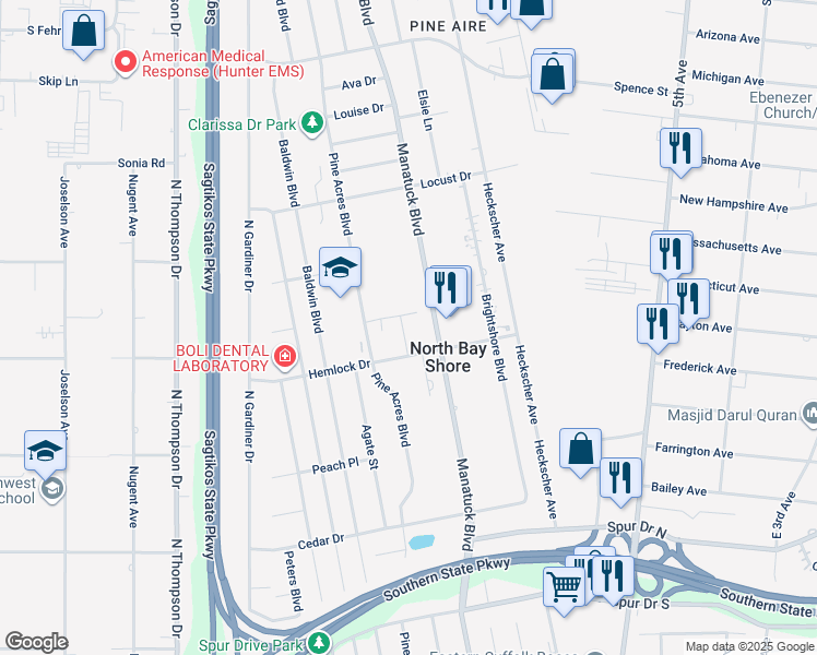 map of restaurants, bars, coffee shops, grocery stores, and more near 5-95 Hemlock Drive in Bay Shore