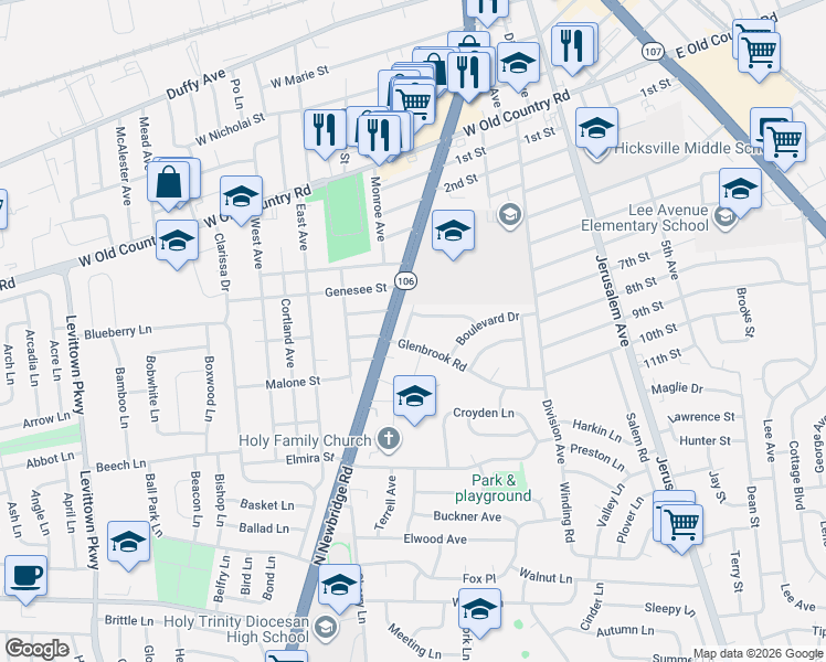 map of restaurants, bars, coffee shops, grocery stores, and more near 8 Peter Road in Hicksville