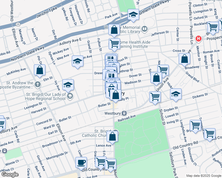 map of restaurants, bars, coffee shops, grocery stores, and more near 255 Schenck Avenue in Westbury