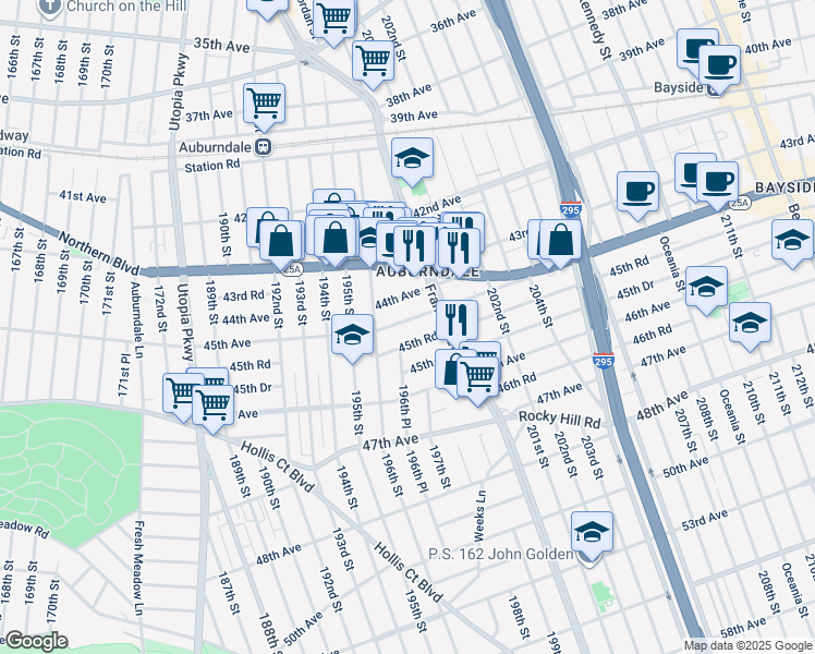 map of restaurants, bars, coffee shops, grocery stores, and more near 53 45th Avenue in Queens
