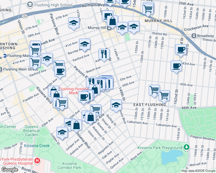 map of restaurants, bars, coffee shops, grocery stores, and more near 147-15 Elm Avenue in Queens