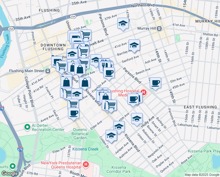map of restaurants, bars, coffee shops, grocery stores, and more near 4192 Bowne Street in Queens