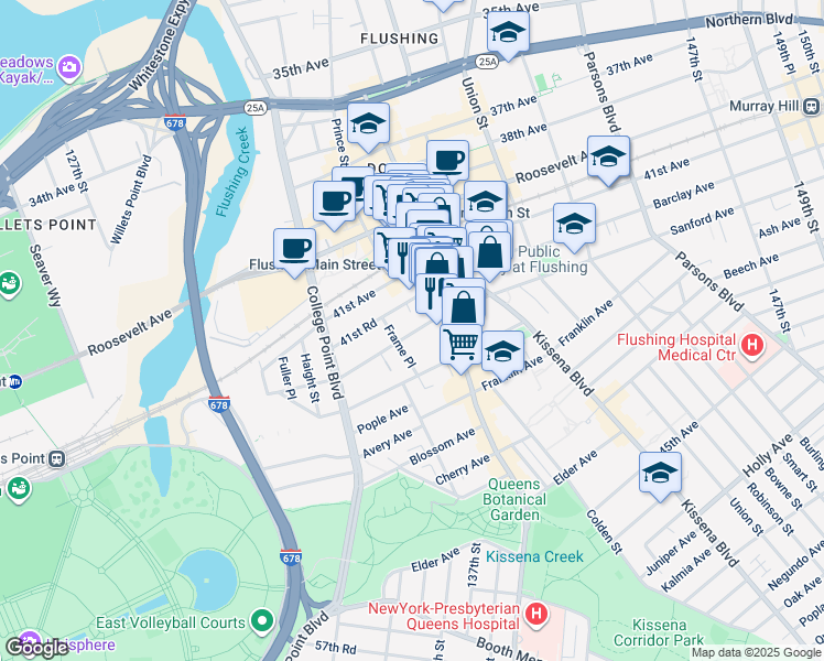 map of restaurants, bars, coffee shops, grocery stores, and more near 136-31 41st Avenue in Queens