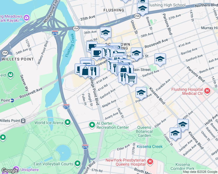 map of restaurants, bars, coffee shops, grocery stores, and more near 13261 41st Road in Queens
