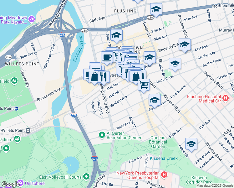 map of restaurants, bars, coffee shops, grocery stores, and more near 13261 41st Road in Queens