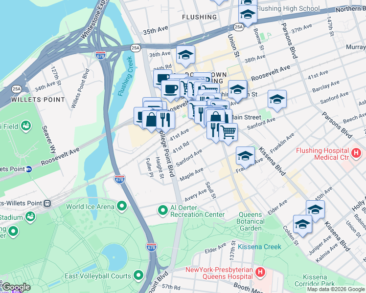 map of restaurants, bars, coffee shops, grocery stores, and more near 13261 41st Road in Queens