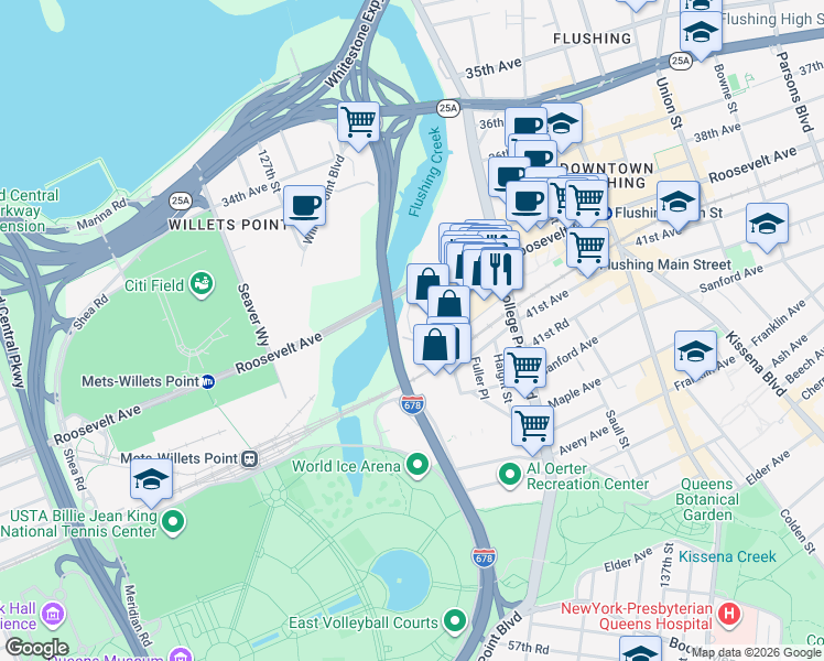 map of restaurants, bars, coffee shops, grocery stores, and more near 131-14 Roosevelt Avenue in Queens