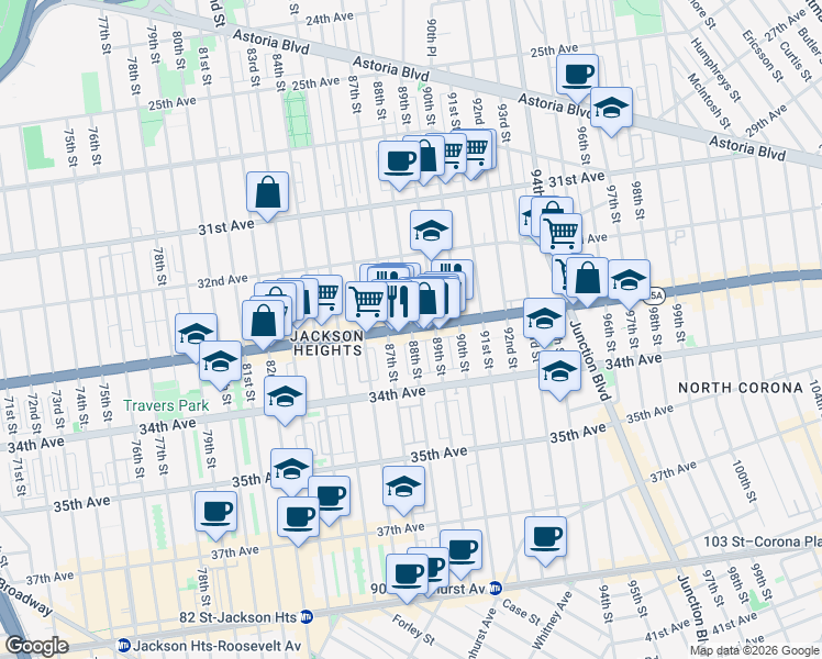 map of restaurants, bars, coffee shops, grocery stores, and more near 88-09 Northern Boulevard in Queens