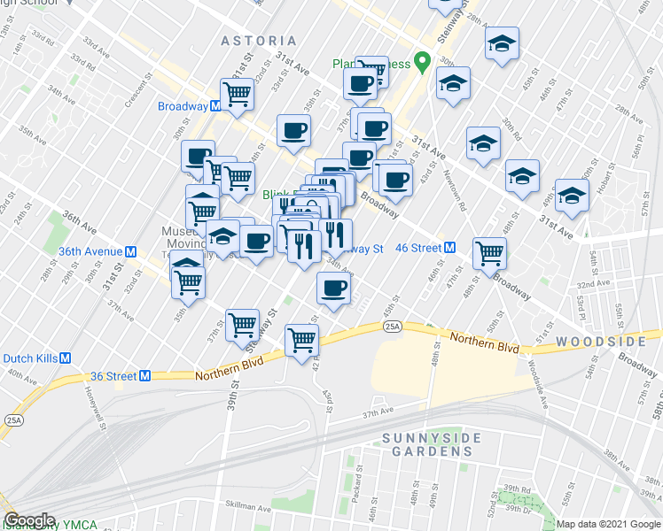 map of restaurants, bars, coffee shops, grocery stores, and more near 4015 34th Avenue in Queens