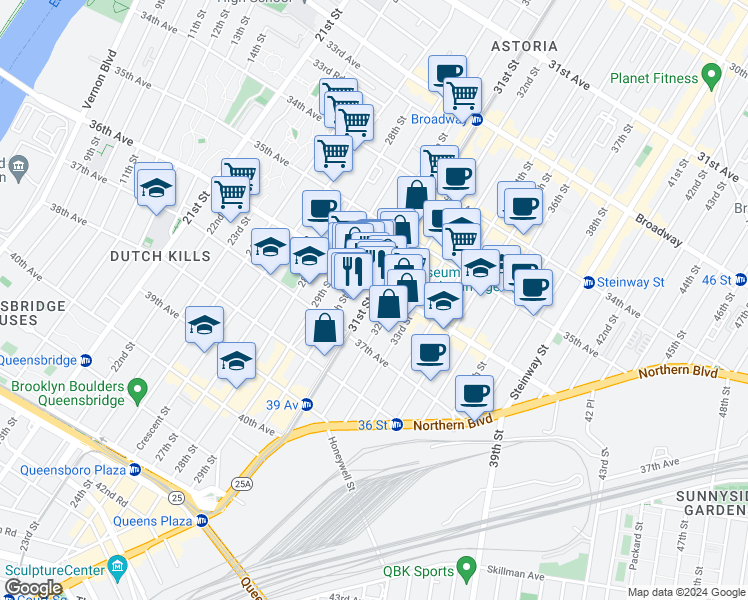 map of restaurants, bars, coffee shops, grocery stores, and more near in Queens
