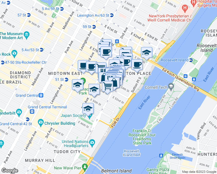map of restaurants, bars, coffee shops, grocery stores, and more near 966 1st Avenue in New York