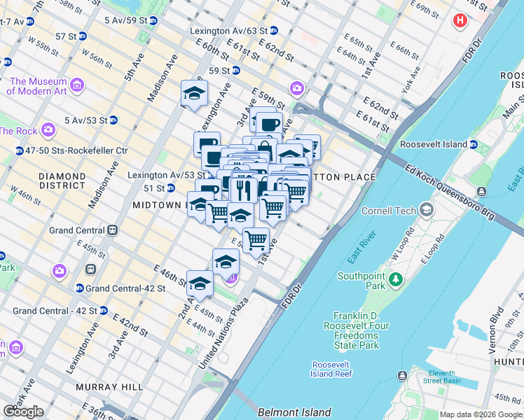 map of restaurants, bars, coffee shops, grocery stores, and more near 307 East 53rd Street in New York