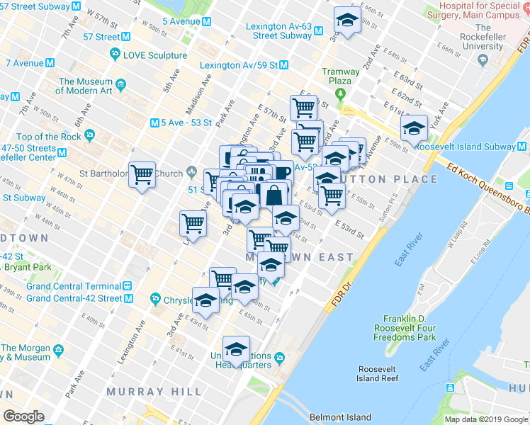 map of restaurants, bars, coffee shops, grocery stores, and more near 206 East 52nd Street in New York